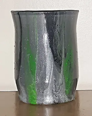 Hand Painted Green Gray Hurricane Candle Holder Acrylic Abstract Art Glass 4.5  • £13.29