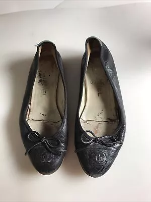 Chanel Ballet Flats Size 36 Cap Toe CC Graphite Soft Leather Ballerina Shoes • £220.71