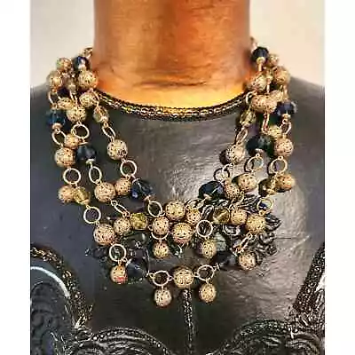 Vintage Gorgeous Multi-Strand Gold Blue Citron Beaded Necklace Adjustable Clasp  • $39.97