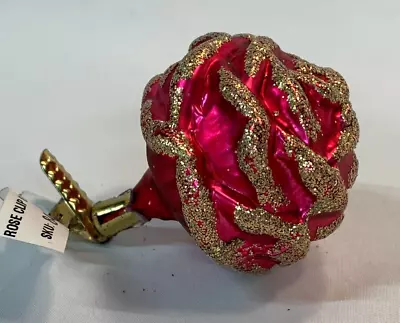 Vintage Blown Glass Pink Rose Clip On Christmas Ornament Germany (b) • $15