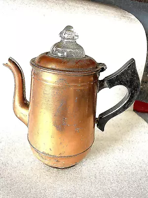 Vintage Copper Brass Coffee Pot Rochester Pedestal Base Wood Handle • $21