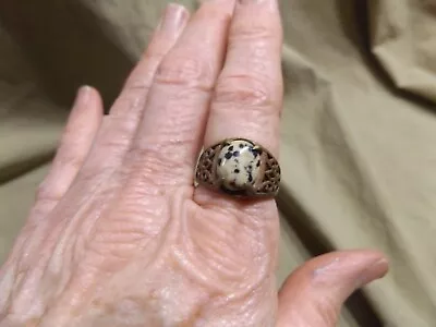 Vintage Cast Brass? Ring Speckled Black White Jade? Oval Stone Unused Size ~8.75 • $9.99