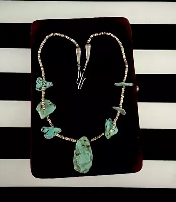 Vintage Sterling Silver Native Heshi Shell & Turquoise Necklace 15.5 G • $66
