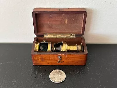 Antique Vintage - Small Miniature Pocket Brass Field Microscope With Box • $117.50