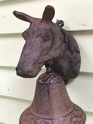 VINTAGE CAST IRON HORSE HEAD BELL WALL MOUNT  UNIQUE ABOUT 9” Tall • $30