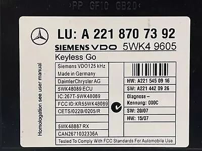 2009 Mercedes S550 Keyless Go Door Door Control Module 2218707392 Unit 07 08 09 • $62.99