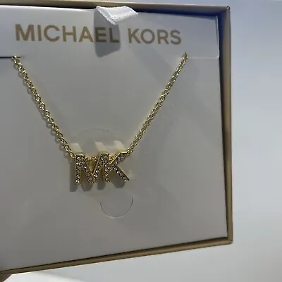 Michael Kors MK Logo Crystals Pendant Gold Tone Necklace Brass NWT • $55