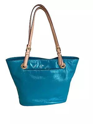 Michael Kors Patent Leather Tote Bag Shoulder Purse Turquoise Aqua Double Handle • $47.99