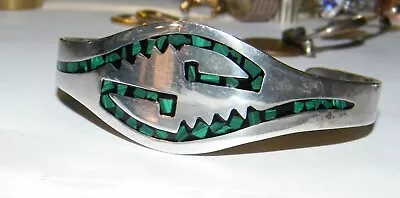 Vintage 925 Mexico Silver Malachite Inlay Cuff Bracelet 7  Diameter • $39.99