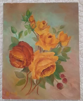 Vintage Floral Yellow Roses Oil Painting On Canvas Board 8 X 10 Signed 1984  • $29.99