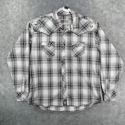 Rock 47 Shirt Mens XXL 2XL Long Sleeve Pearl Snap Up Gray White Plaid • $22.89