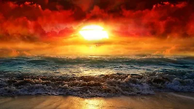 £6.78 • Buy Red Sunset Beach Waves Canvas Picture Poster Print Wall Art Unframed #1012
