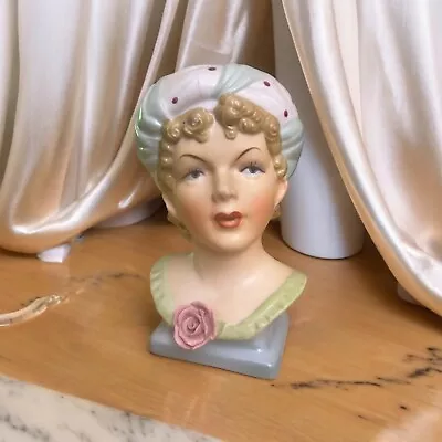 Vintage Blonde Lady Head Vase Ucagco Ceramics Hand Painted Turban Rose Japan • $49.99