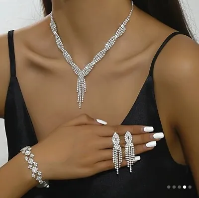 Costume Jewellery Set Rhinestone Crystal Necklace Bracelet Drop Dangle Earring • £8.99