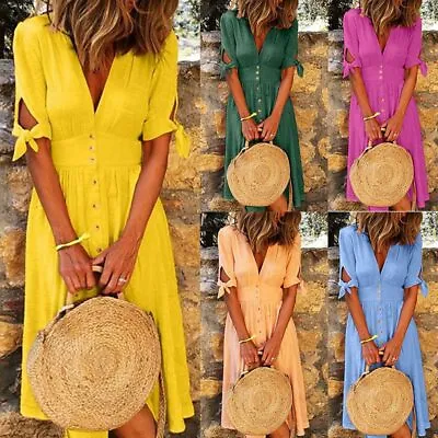 £6.59 • Buy Womens Boho V Neck Midi Dress Ladies Summer Holiday Beach Casual Swing Dresses