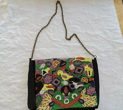 Mango MNG Purse Black Canvas Beated Design Chain Strap Boho Exotic  • $20