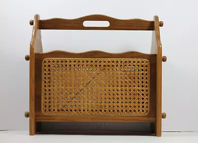 Vtg MCM Oak Wood Woven Wicker Rattan Cane Magazine Book Vinyl Record Rack Holder • $49.50