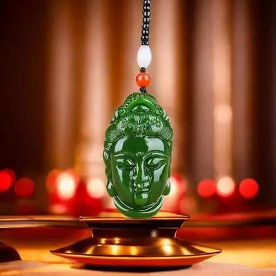 Jade Guanyin Pendant Green Natural Jewelry Men Amulets Gemstones Necklace • £9.60