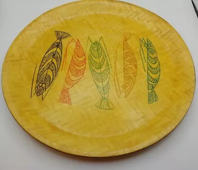 Vtg Genuine Woven Bamboo Round Tiki Bar Tiki Shrimp Graphic Serving Tray 13  • $16