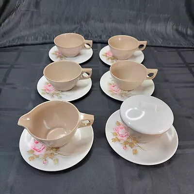 Melmac 12 Piece Set 6” Saucers Cups Creamer Sugar Bowl Pink Roses Floral 8204-6 • $24.31