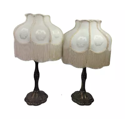 Set Of 2 Vintage Victorian Style Table Lamps With Fringed Jacquard Oval Shades • $250