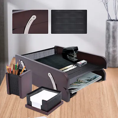 Note Box And A Pen Holder Vintage Dark Wood Stackable 2 Tier Document Tray Set • $23.75