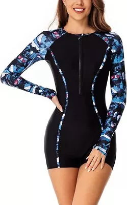 Ladies One Piece Swimsuit/Rashguard Zip Boyleg Long Sleeve BLACK MED 10-12 • £15.95