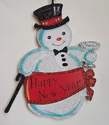 SNOWMAN W COCKTAIL HAPPY NEW YEAR  * Glitter CHRISTMAS ORNAMENT * Vtg Img • $10.50