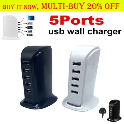 Multi 5 USB Port Desktop Charger Rapid Tower Charging Station Main Power Adapter • £8.45