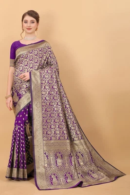 $90.74 • Buy Banarasi Katan Silk Sari Party Wear Indian Pakistani Wedding Saree Unstiche BL