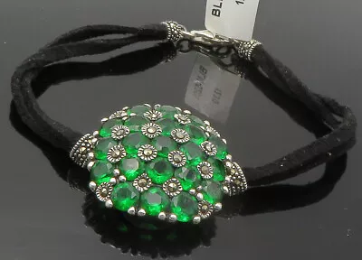 925 Sterling Silver - Vintage Green Topaz & Marcasite Leather Bracelet - BT5411 • $69.92