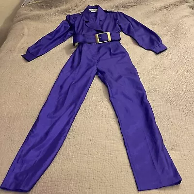 Vintage 80’s Joan Walters Purple Jumpsuit Size 2 Belt Polyester Parachute Petite • $21.99