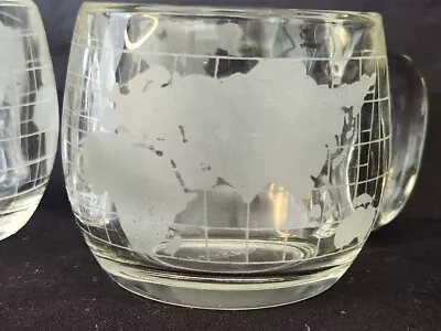 Nestle Co. Etched Clear Glass World Map Coffee Cup Mug 3  1970 Set Of 2 VTG • $11.99