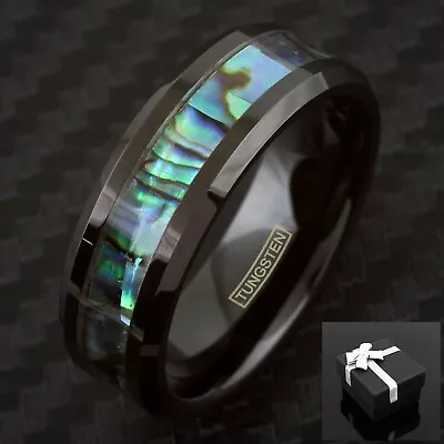 8mm Black Polished Tungsten With Abalone Stripe Men's Wedding Band Ring • $14.99