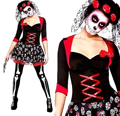 Adult DAY OF THE DEAD DARLING Ladies Halloween Sugar Skull Costume Size 6-28 • £22.95