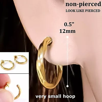 #E121D Pair SPRING CLIP ON Very Small MINI 0.5  TWIST HOOP EARRINGS Women Men • $6.99