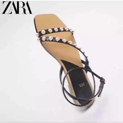 Zara Pearl Studded Strappy Ankle Flat Sandals | EU Sz 39 (US 8.5-9) • $39