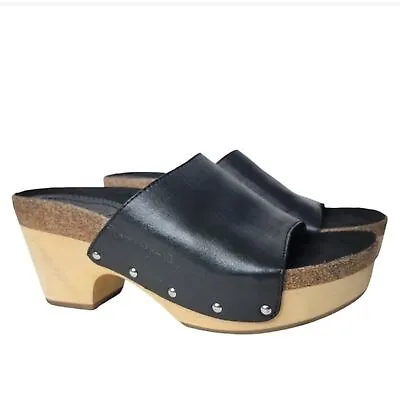 Anthropology Latigo Lola Black Leather Wood Platform Shoes Size 7M Mule Y2K • $34.99