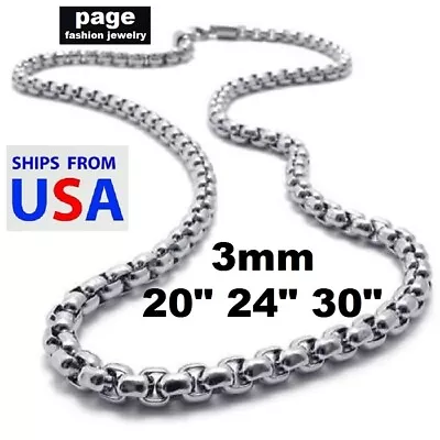Silver Stainless Steel Strong 3mm Rounded Rolo Box Chain 20  24  30  Necklace • $7.99