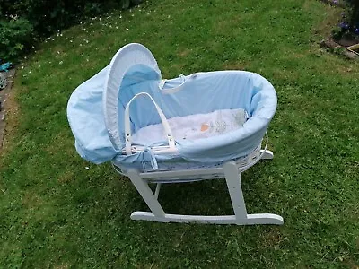£25 • Buy White Wicker Moses Basket And Stand With Blue Bedding