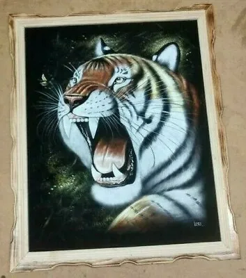 TIGER FACE  Hand Painted VELVET PAINTING  18  BY 22  W FRAME DECOR#9 Cat • $48