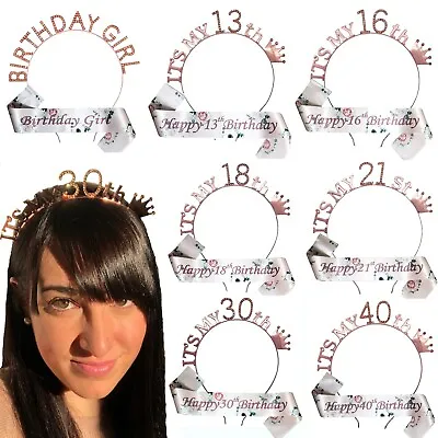 Rose Gold Birthday Tiara Rhinestone Headband Crown Sash Party Girl Women Gift  • £3.99