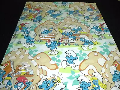 4 Pcs Vtg Lawtex Smurf Sheet Set Double Flat Fitted & 2 Pillowcases • $44