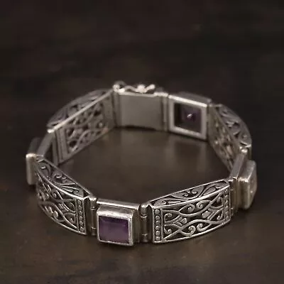 VTG Sterling Silver - BALI Amethyst Pebbled Filigree 7.5  Heavy Bracelet - 52g • $61