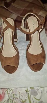 ZARA Leather Suede Platform Ankle Strap Sandals Tan Women's Size 5 • £19.99