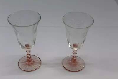  Pink Glass Stemware Set Of 2 With Fluted Stem & Grapevine Etchings Vintage • $28.96