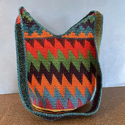 Mexican Crochet Knit Crossbody Purse Shoulder Bag Handmade Zig Zag  Zip Top • $21.75