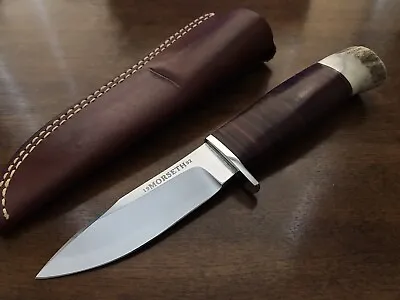 Vintage 1992 Morseth Fixed Blade Hunter Knife Leather + Stag Handle • $650