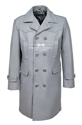 Men GERMAN PEA COAT Grey Cowhide Leather Military MARINA FORCE STYLE UBOAT • $200.04