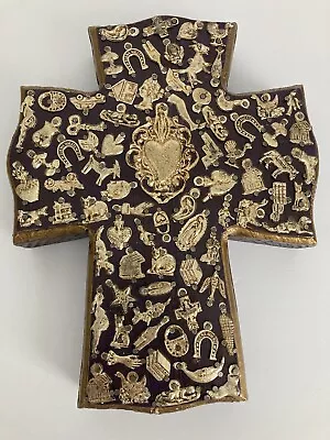 Folk Art Milagros Cross Sacred Heart Mexican Handcrafted Golden Charms Blessing • $99